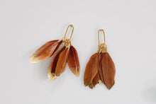 Load image into Gallery viewer, Caramel Gold Dipped Fall Feathers Statement Earrings