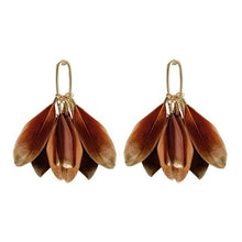 Load image into Gallery viewer, Caramel Gold Dipped Fall Feathers Statement Earrings