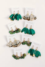 Load image into Gallery viewer, Emerald Gold Dipped Fall Feather Tassel Statement Earrings