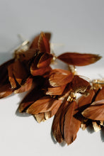 Load image into Gallery viewer, Caramel Gold Dipped Fall Feathers Statement Earrings