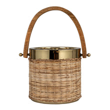 Load image into Gallery viewer, 1-1/2 Quart Stainless Brass Steel & Woven Rattan Ice Bucket w/ Mango Wood Handle
