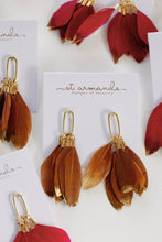 Load image into Gallery viewer, Caramel Gold Dipped Fall Feathers Statement Earrings
