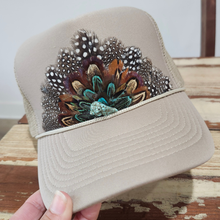 Load image into Gallery viewer, Feather Western Trucker Hat, Trucker Hat with feathers Khaki
