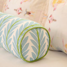 Load image into Gallery viewer, Frond French Blue with Green Piping Round Bolster Pillow
