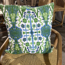 Load image into Gallery viewer, Green and Blue Ikat pillow cases with blue velvet back
