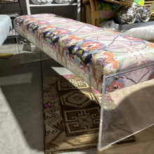 Load image into Gallery viewer, customizable acrylic benches. We have made one out of antelope fabric and one is Windy O’Connor “Chalks” fabric. Pick your own fabric or bring it in!  If you bring your own fabric the bench + recovering is $1100
