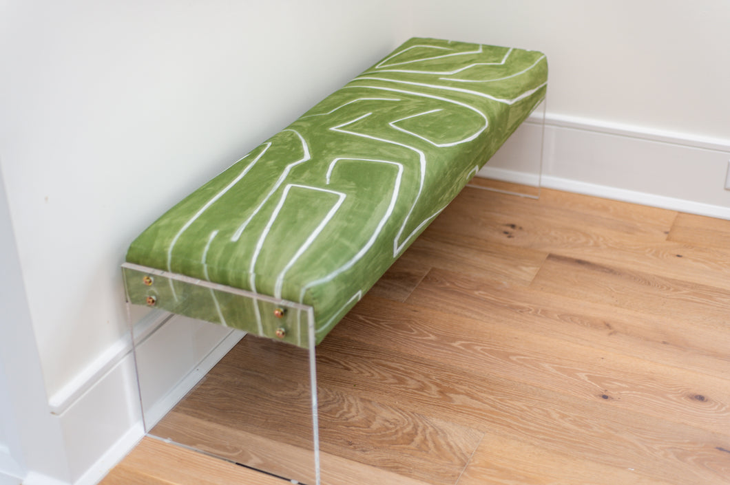 Acrylic leg bench with Kelly Wearstler Fabric