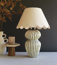 Load image into Gallery viewer, Paper Mache Lamp Base with Black Vertical Dots and Scalloped Fabric Shade
