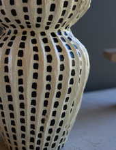 Load image into Gallery viewer, Paper Mache Lamp Base with Black Vertical Dots and Scalloped Fabric Shade
