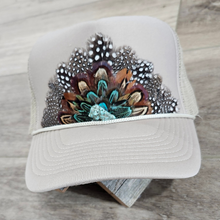 Load image into Gallery viewer, Feather Western Trucker Hat, Trucker Hat with feathers Khaki
