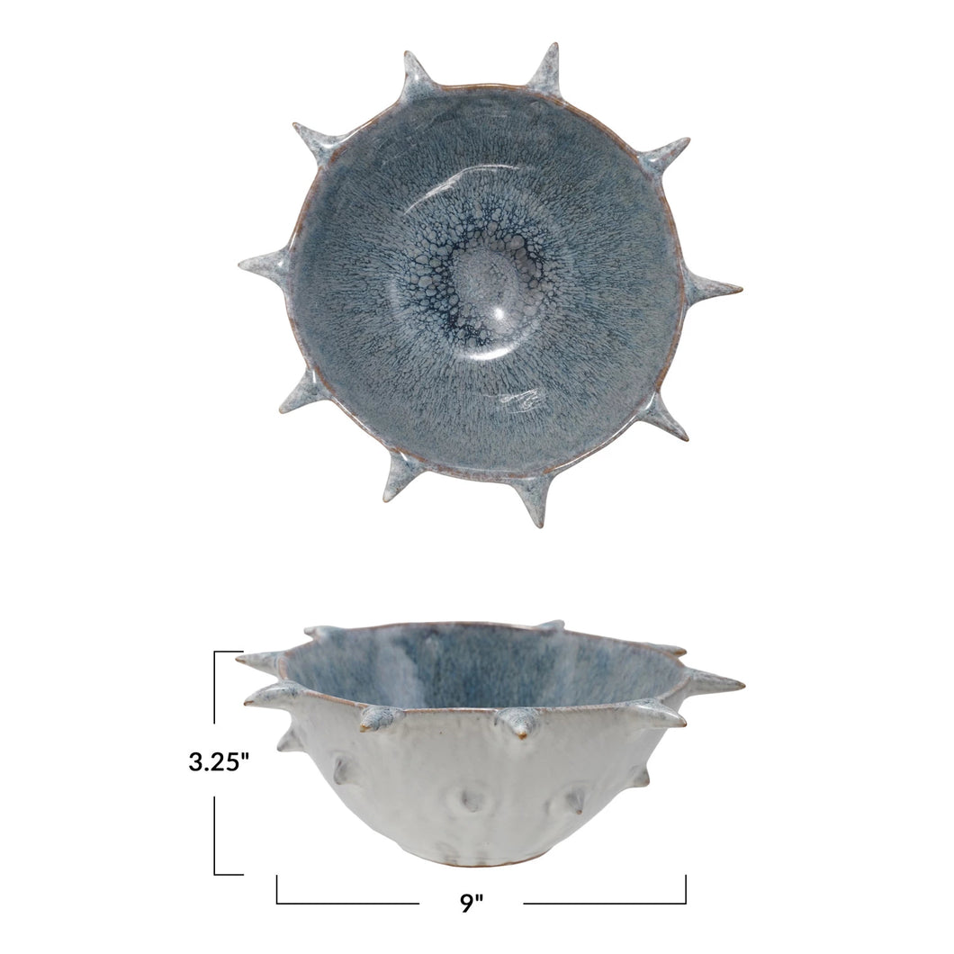 Stoneware Urchin Shaped Bowl w/ Spikes, Reactive Glaze, Blue & White