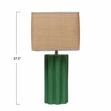 Load image into Gallery viewer, Green Stoneware Fluted Table Lamp with Raffia Shade
