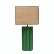 Load image into Gallery viewer, Green Stoneware Fluted Table Lamp with Raffia Shade

