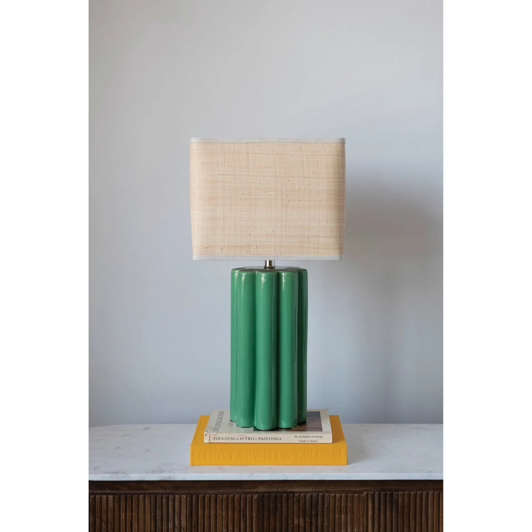 Green Stoneware Fluted Table Lamp with Raffia Shade
