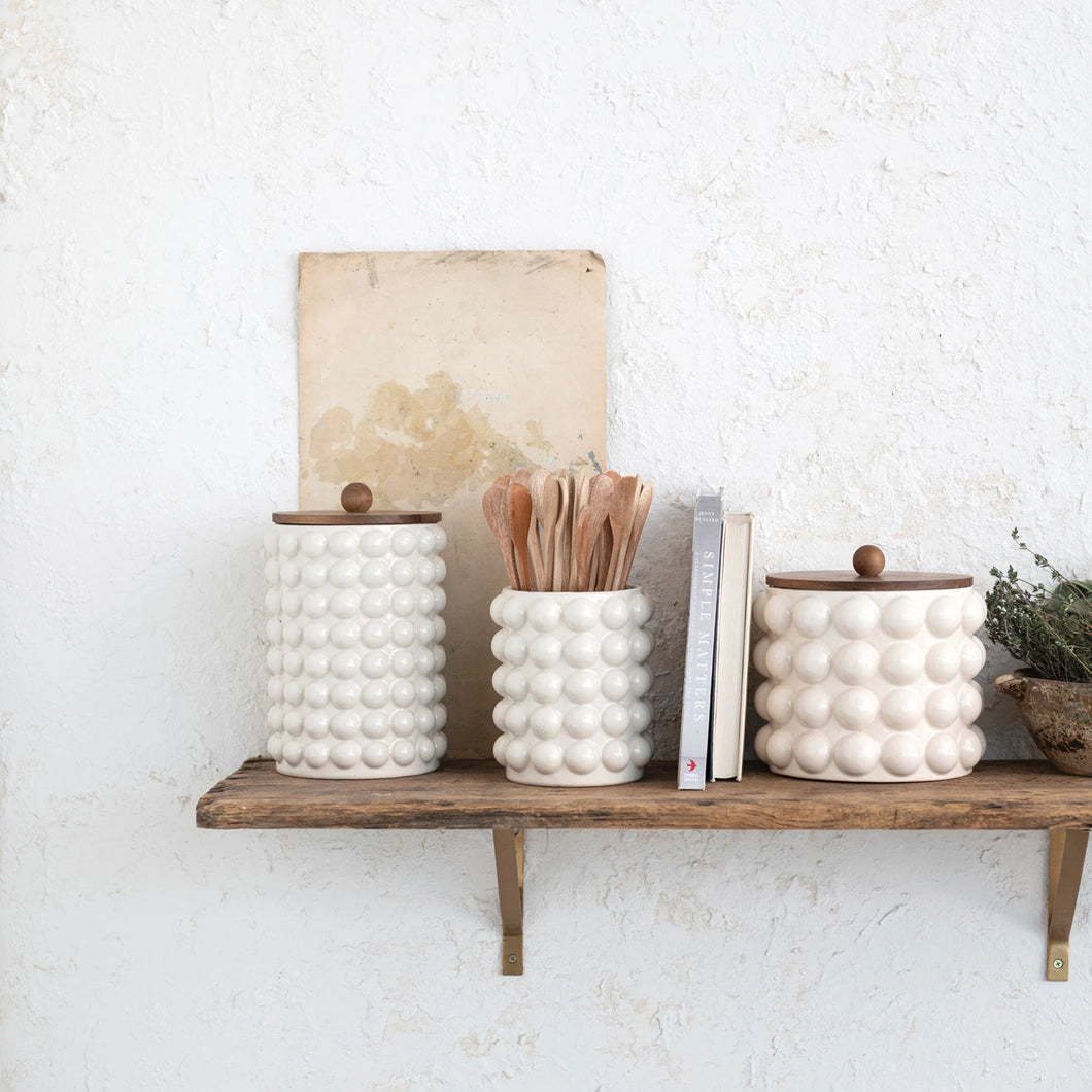 Stoneware Canister w/ Raised Dots & Acacia Wood Lid