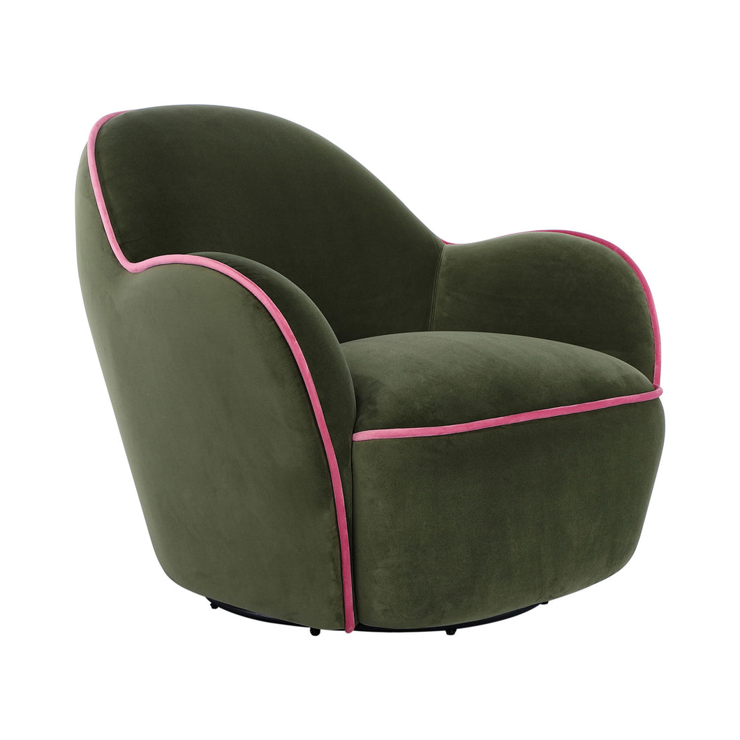 Velvet Upholstered Swivel Chair w/ Pink Piping