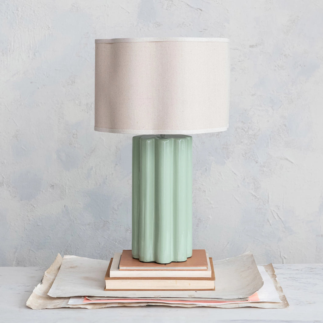 Stoneware Fluted Table Lamp w/ Linen Scalloped Shade & Swivel Neck