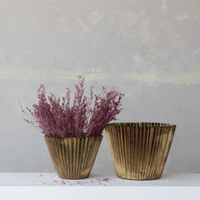 Load image into Gallery viewer, Decorative Metal Fluted Planters, Antique Brass Finish, Set of 2 (Holds 12" &amp; 10" Pots)
