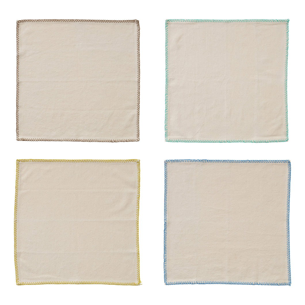 Cotton Napkins w/ Blanket Stitch Colored Edge, Set of 4 Tied w/ Cotton Tape DG1274
