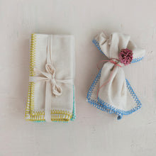 Load image into Gallery viewer, Cotton Napkins w/ Blanket Stitch Colored Edge, Set of 4 Tied w/ Cotton Tape DG1274
