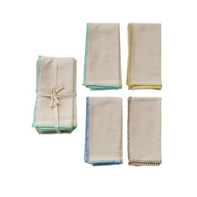 Load image into Gallery viewer, Cotton Napkins w/ Blanket Stitch Colored Edge, Set of 4 Tied w/ Cotton Tape DG1274
