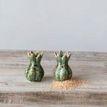 Load image into Gallery viewer, Stoneware Flower Shaped Salt &amp; Pepper Shakers, Green, Set of 2 (Each One Will Vary)
